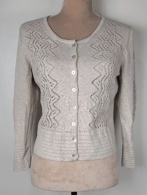 Peruvian Connection Chaco Cream Lace Knit Scoop Neck Cardigan Sweater M
